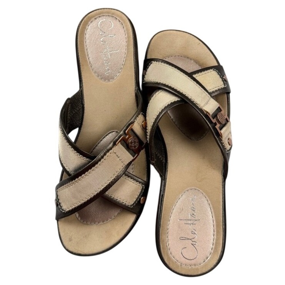 Cole Haan Nike Air Brown Metallic Leather Cross Strap Wedge Sandals 6.5 B - Picture 2 of 7